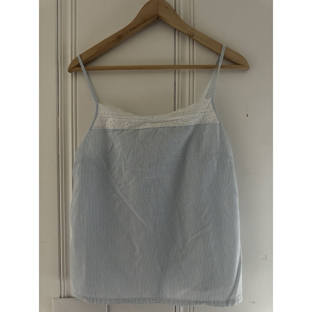 Shabby Chic Blue‎ Stripe Cotton Camisole Top Lace Trim Women Small Cottage Core
